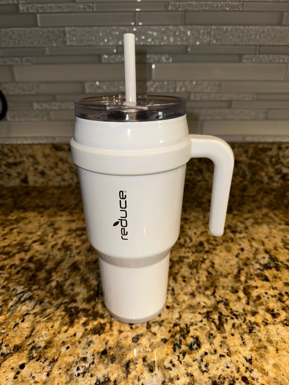 Reduce White Insulated Travel Mug with Handle and Straw